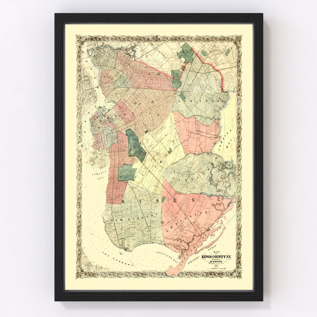 Vintage Map of Kings County, New York 1868
