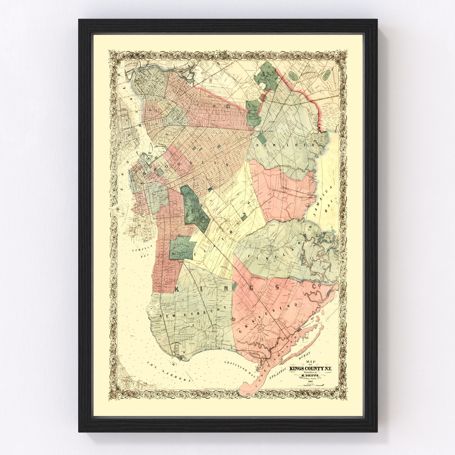 Vintage Map of Kings County, New York 1868