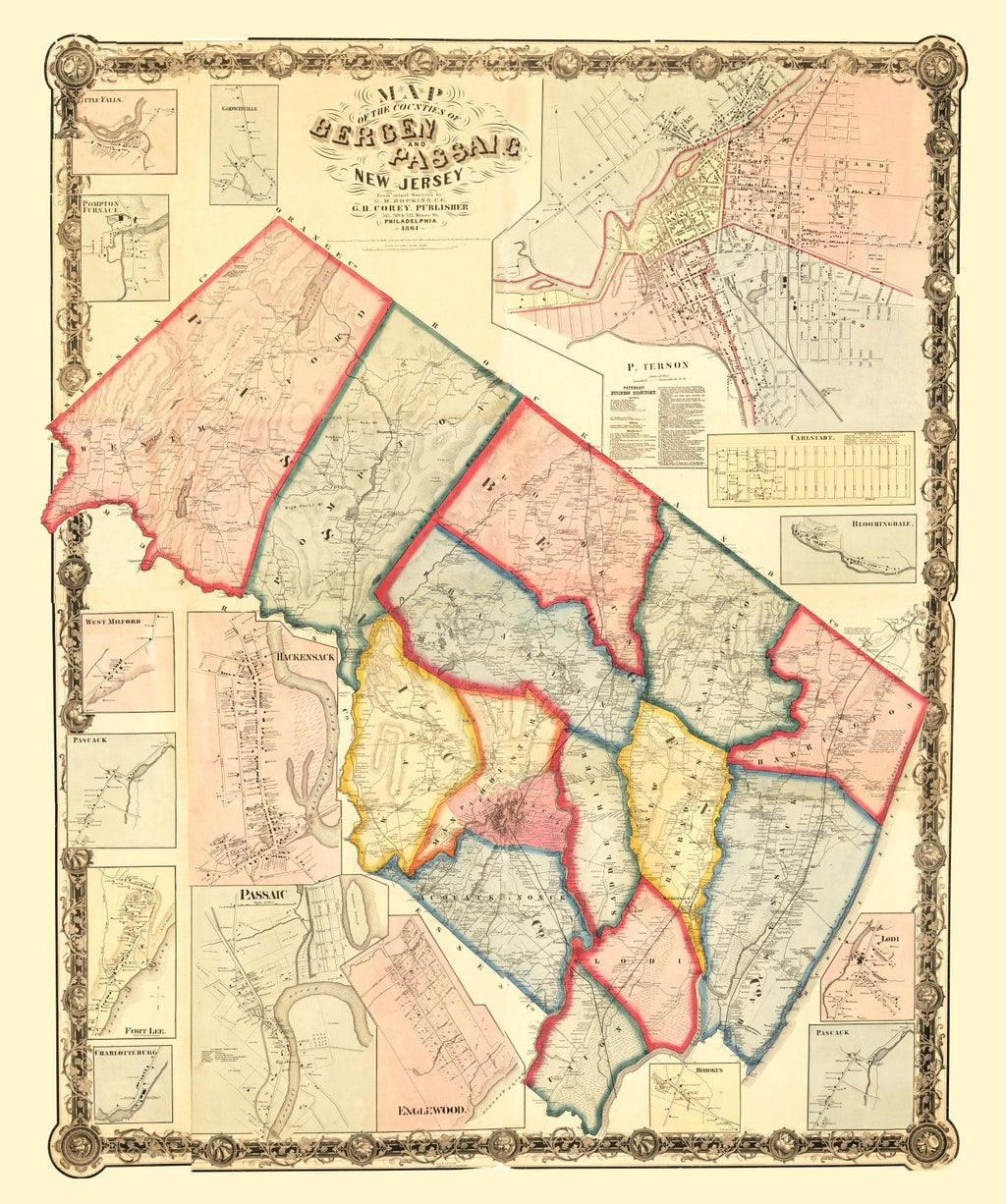 Vintage Map of Bergen County, New Jersey 1861