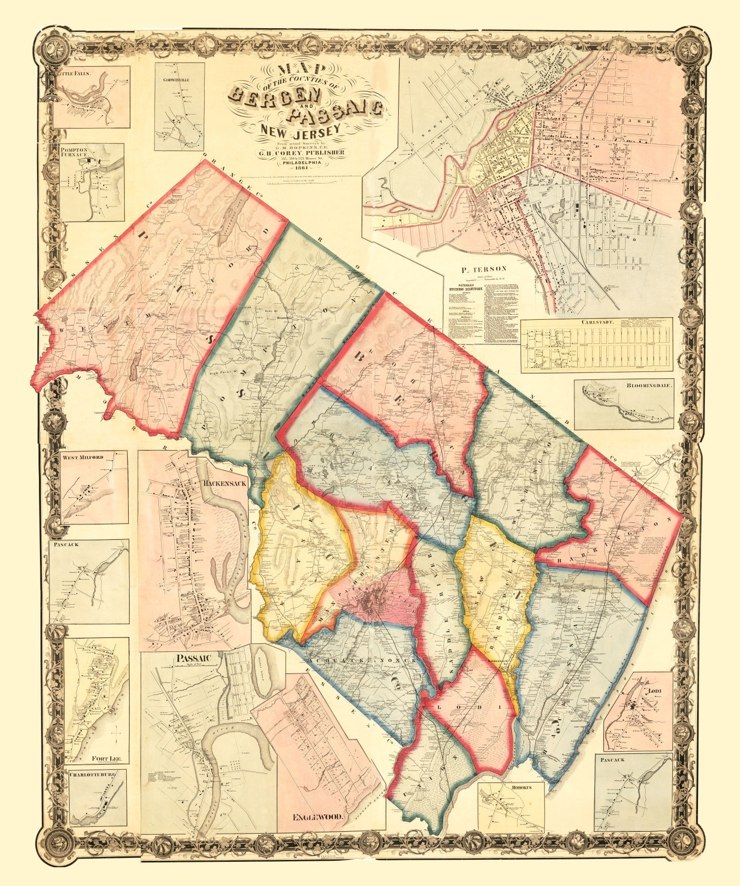 Vintage Map of Bergen County, New Jersey 1861