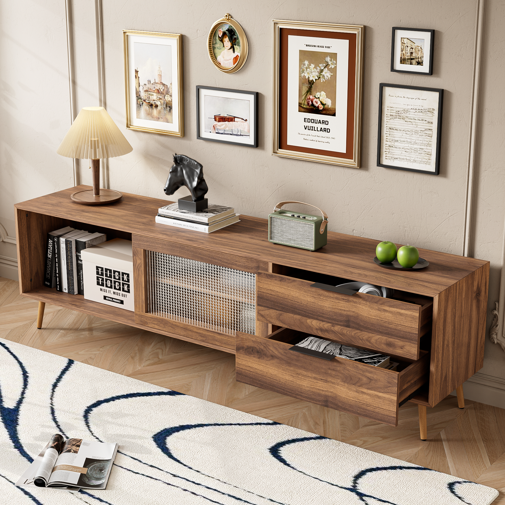 Modern TV Stand for 75'+ TV, TV Console with 2 Glass Doors, Entertainment Center with 2 Drawers & Storage Cabinet, 70' Media Console Table for Living Room, Bedroom