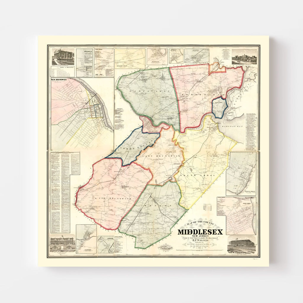 Vintage Map of Middlesex County, New Jersey 1861