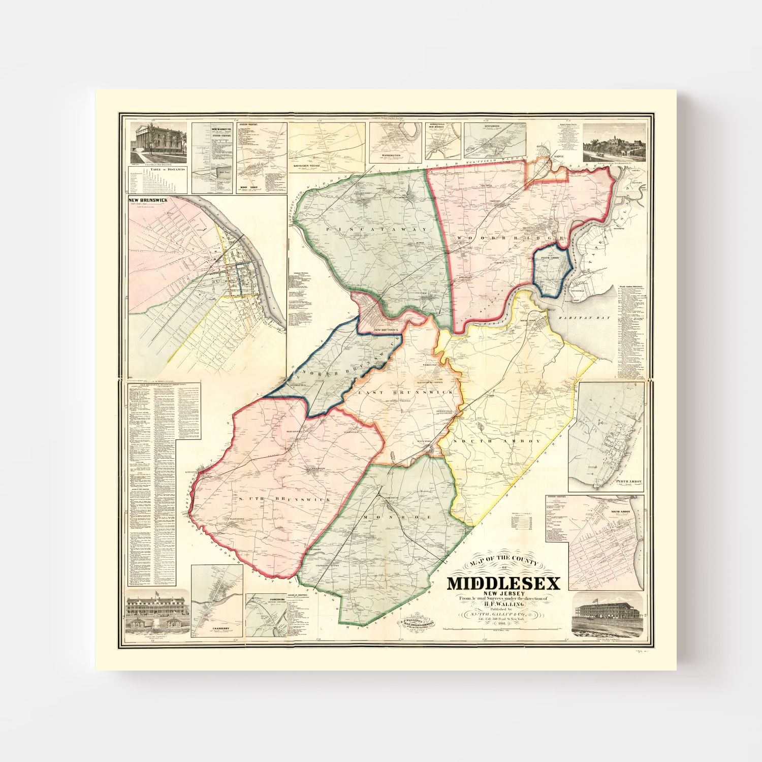 Vintage Map of Middlesex County, New Jersey 1861