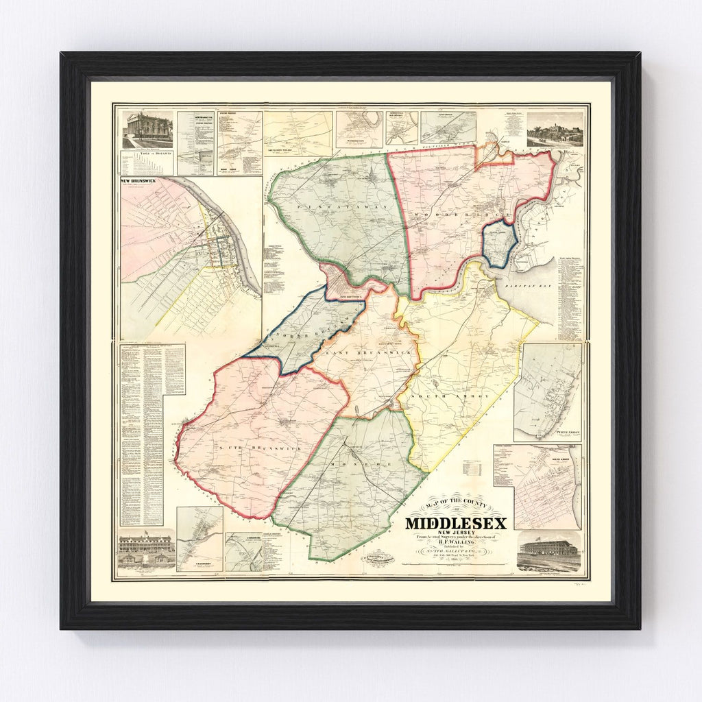 Vintage Map of Middlesex County, New Jersey 1861