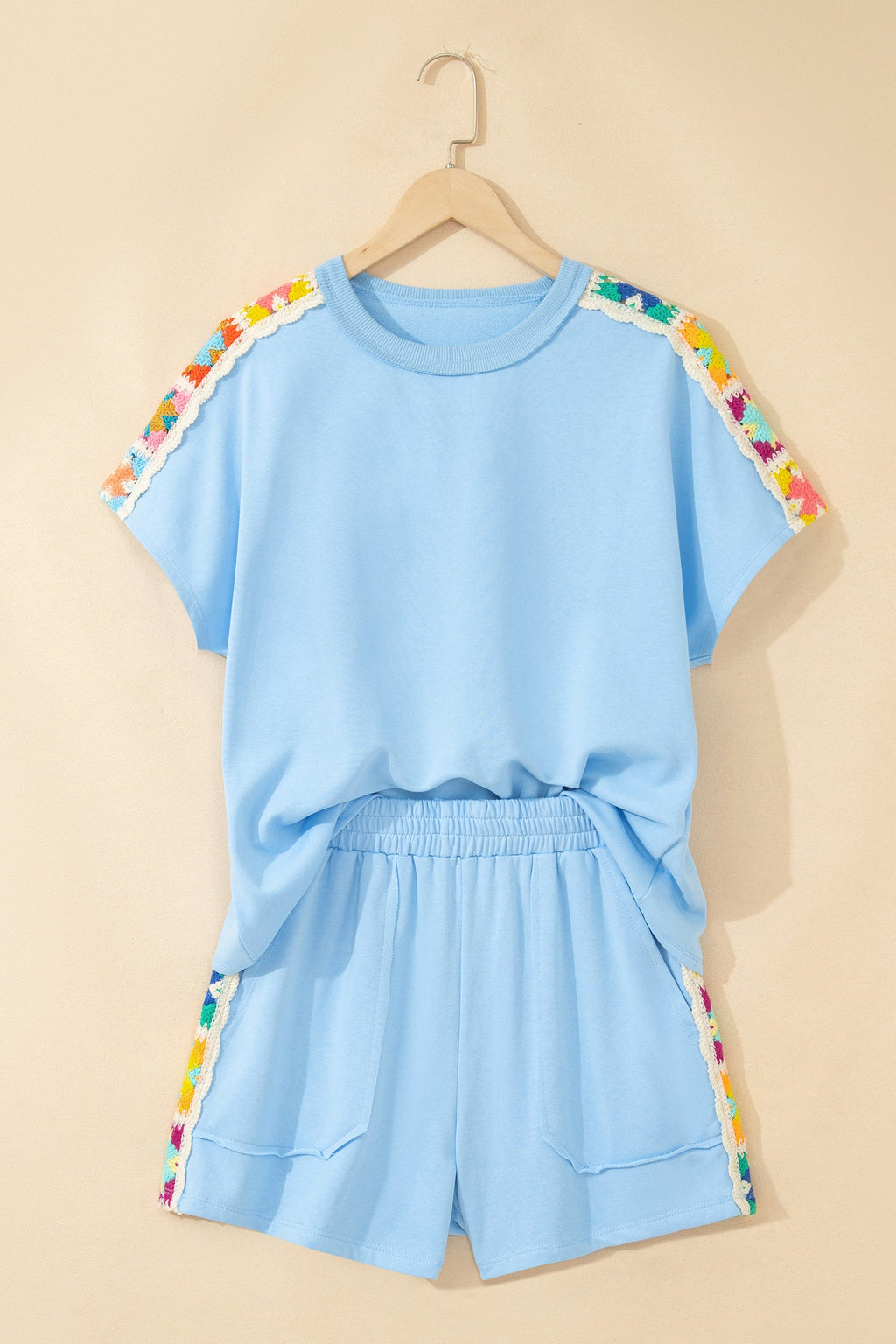 Crochet Patchwork Top & Elastic Shorts Set