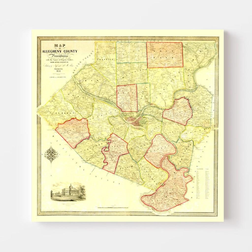Vintage Map of Allegheny County, Pennsylvania 1851