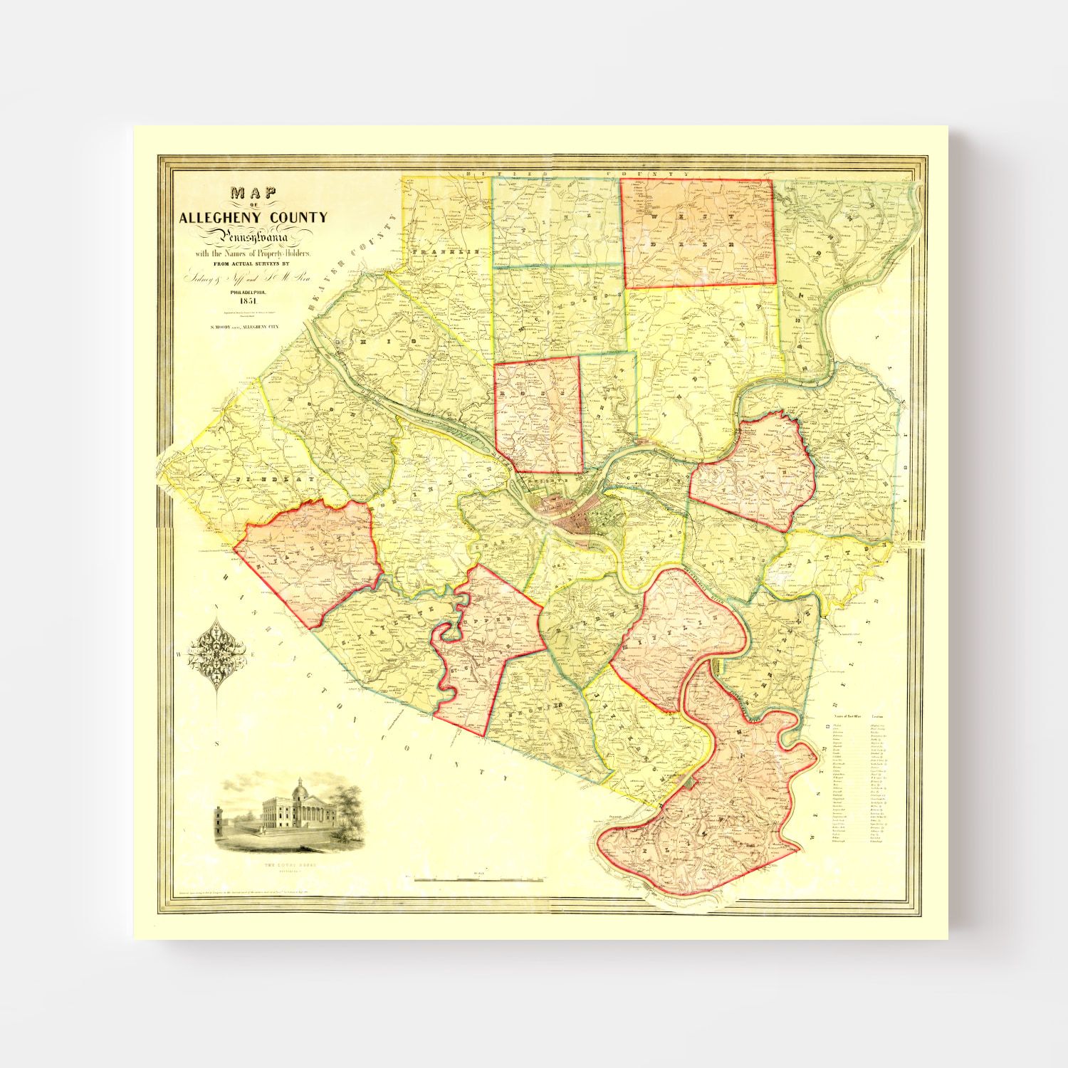 Vintage Map of Allegheny County, Pennsylvania 1851