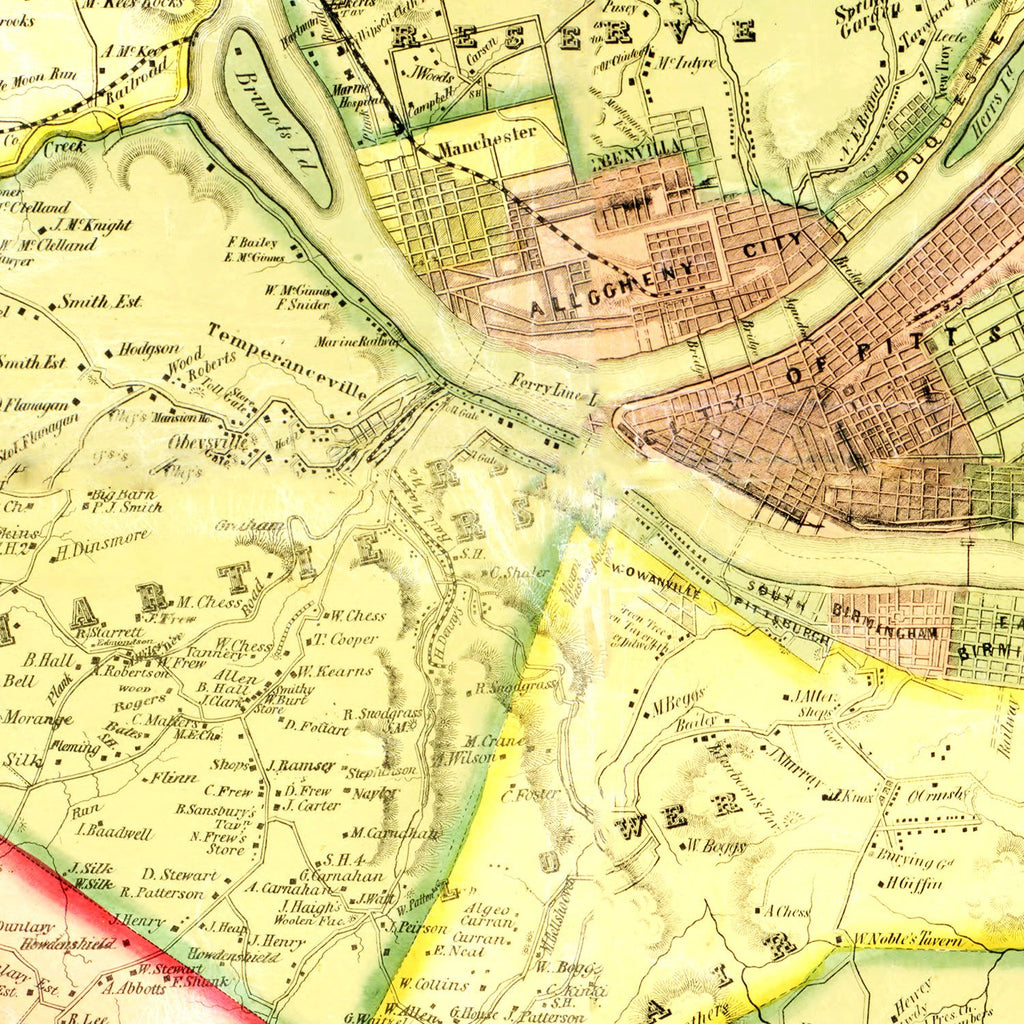 Vintage Map of Allegheny County, Pennsylvania 1851
