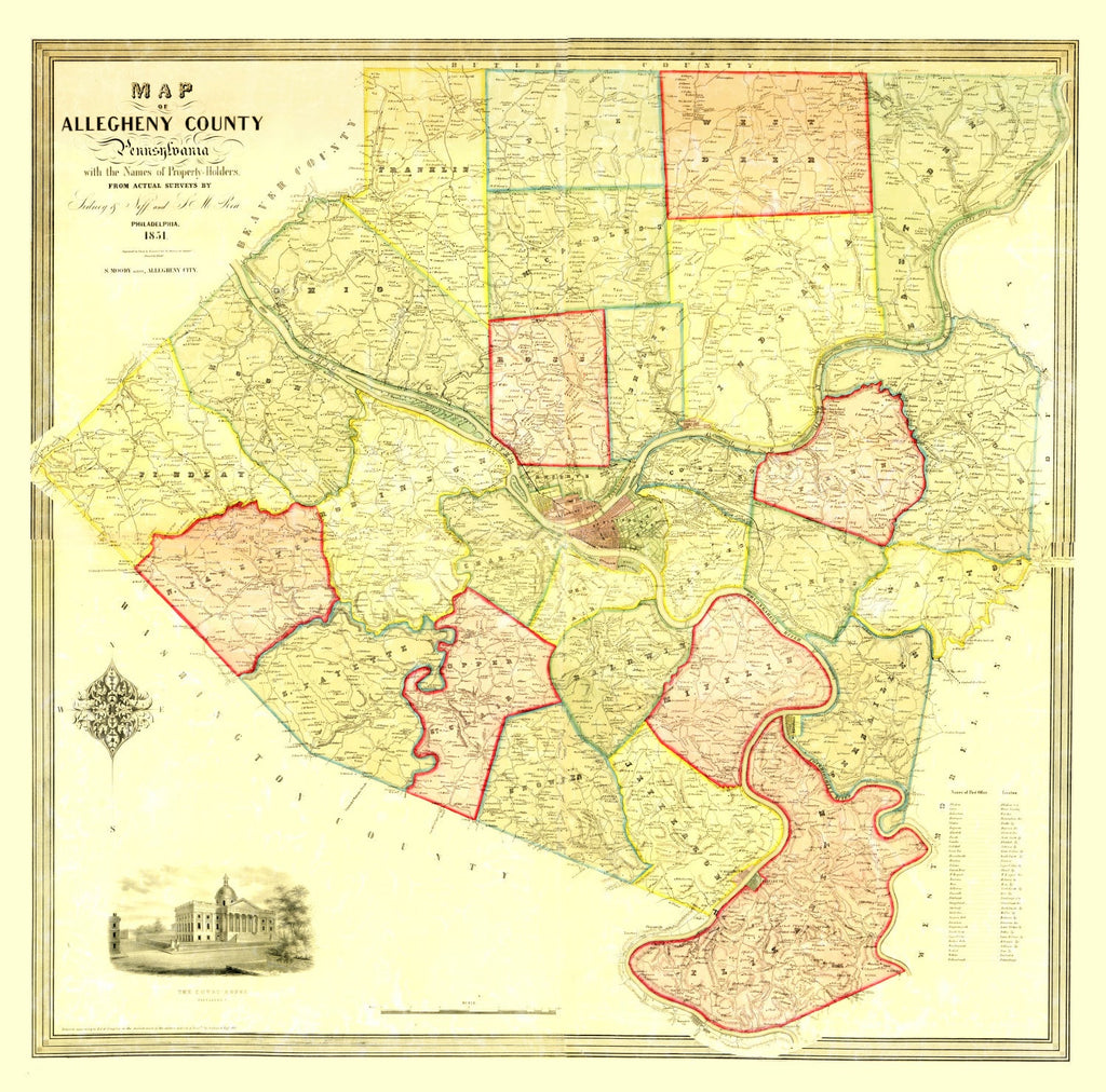 Vintage Map of Allegheny County, Pennsylvania 1851