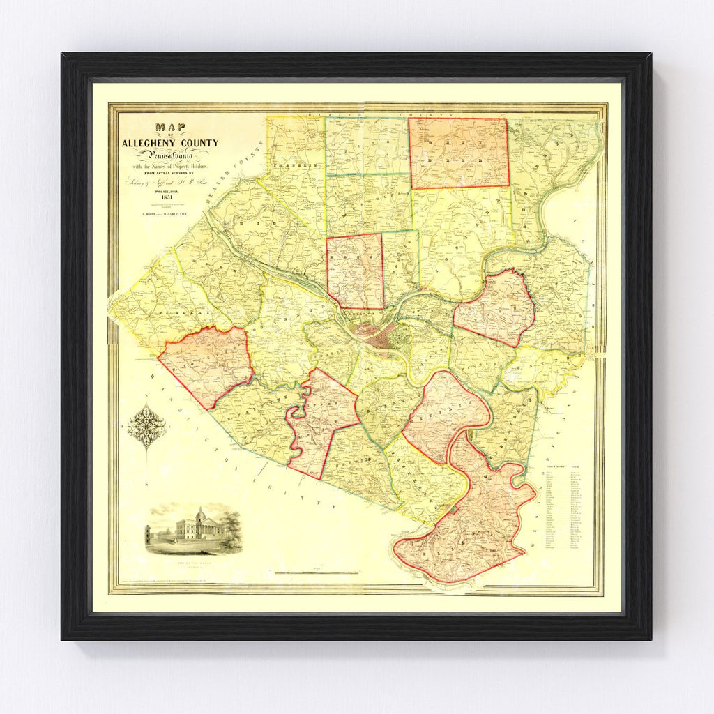 Vintage Map of Allegheny County, Pennsylvania 1851