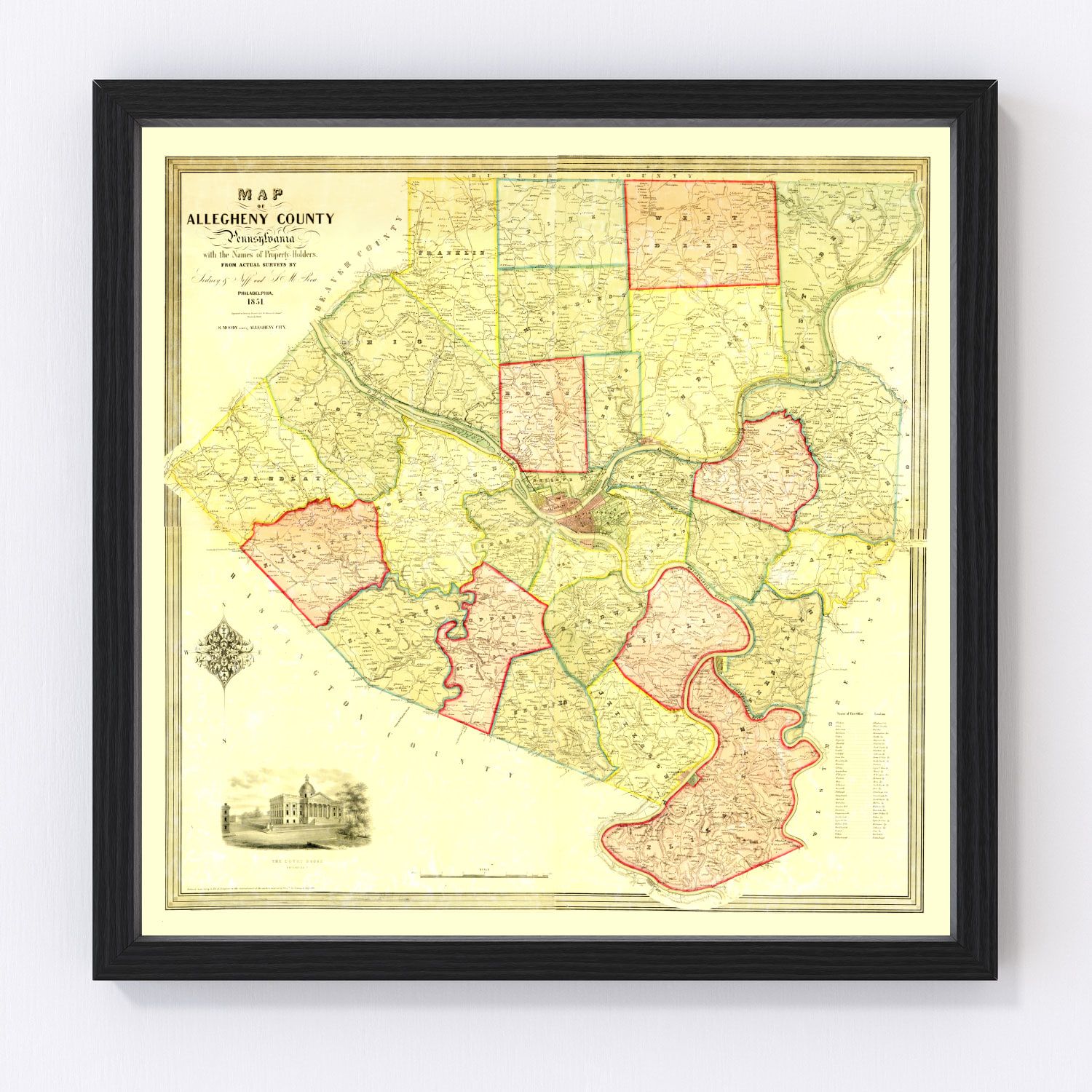 Vintage Map of Allegheny County, Pennsylvania 1851