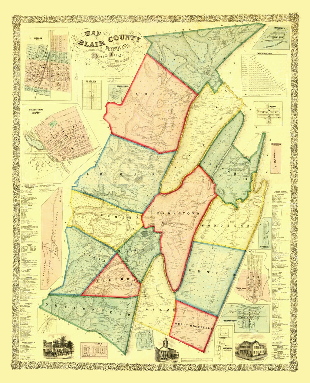 Vintage Map of Blair County, Pennsylvania 1859