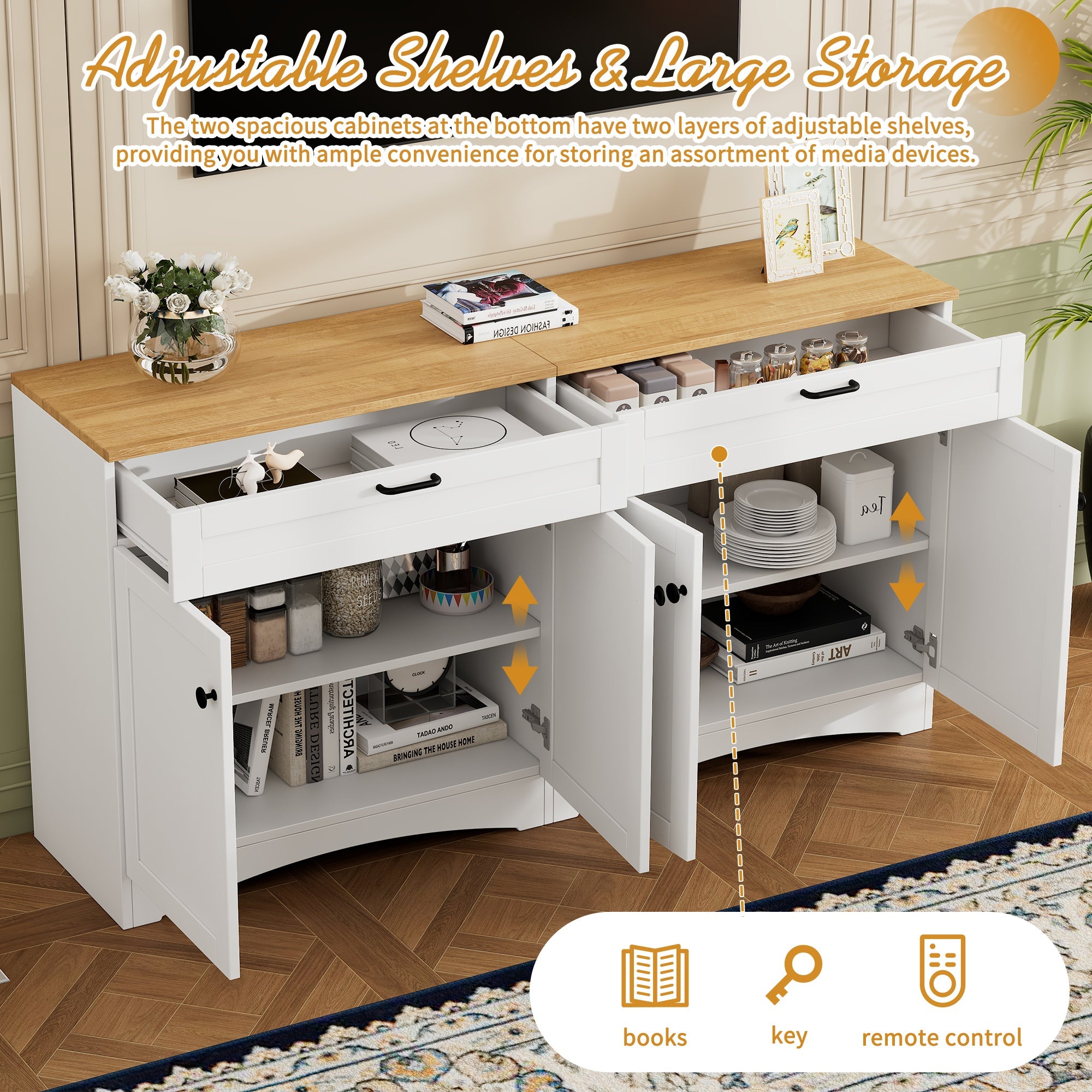 ON-TREND 3-Piece Farmhouse Entertainment Center with Storage Cabinet for TVs Up to 70', Mid-Century TV Stand with Bookshelf, Rustic Versatile Sideboard with Adjustable Shelves for Living Room, White