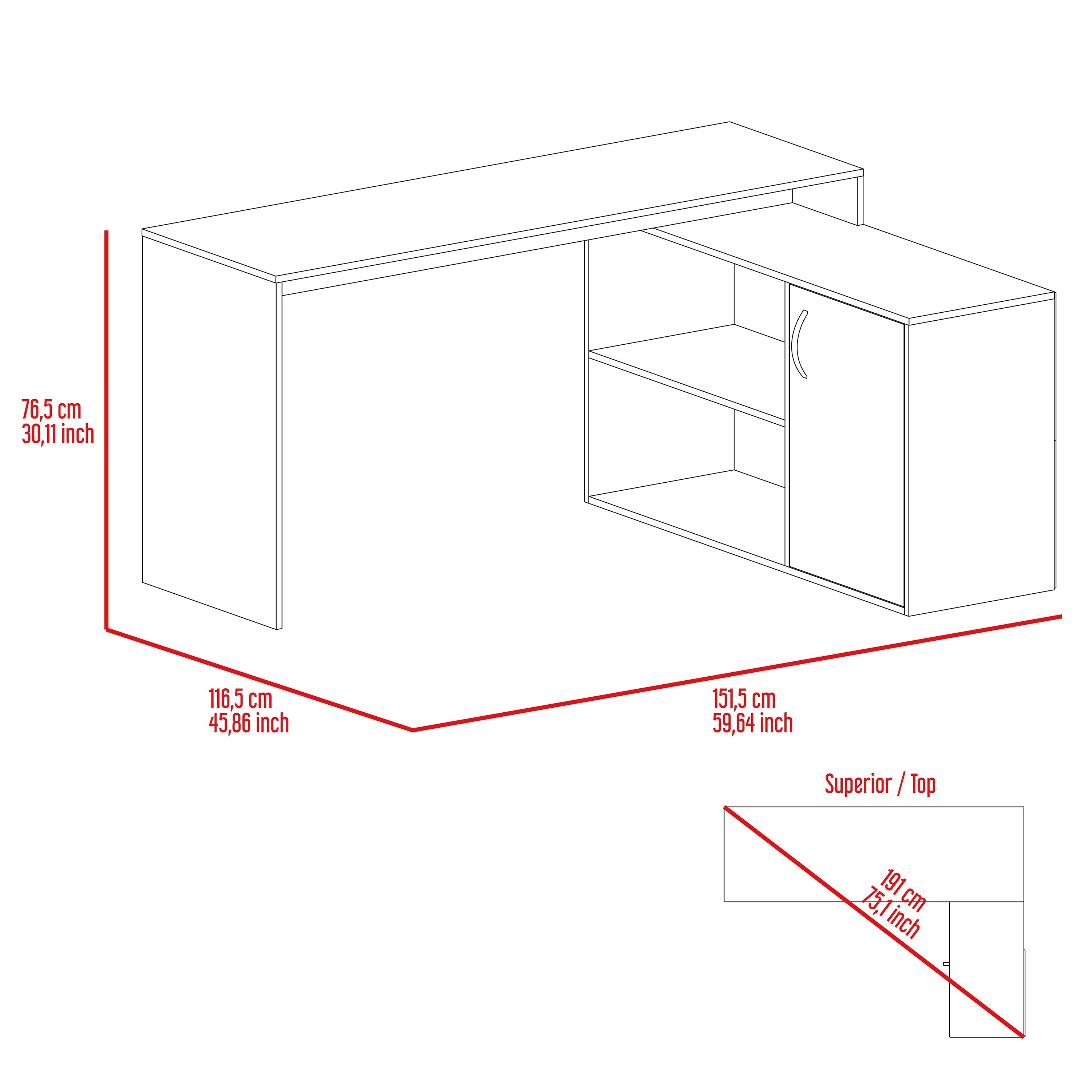 Dallas L-Shaped Home Office Desk, Two Shelves, Single Door Cabinet