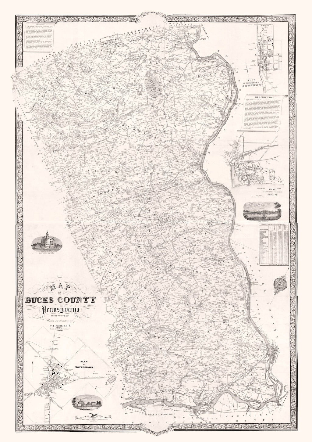 Vintage Map of Bucks County, Pennsylvania 1850