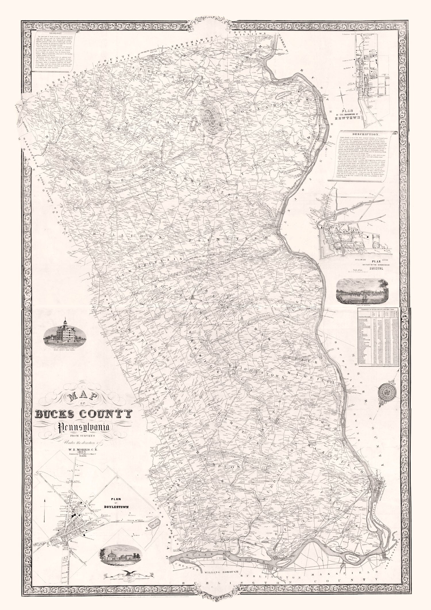 Vintage Map of Bucks County, Pennsylvania 1850
