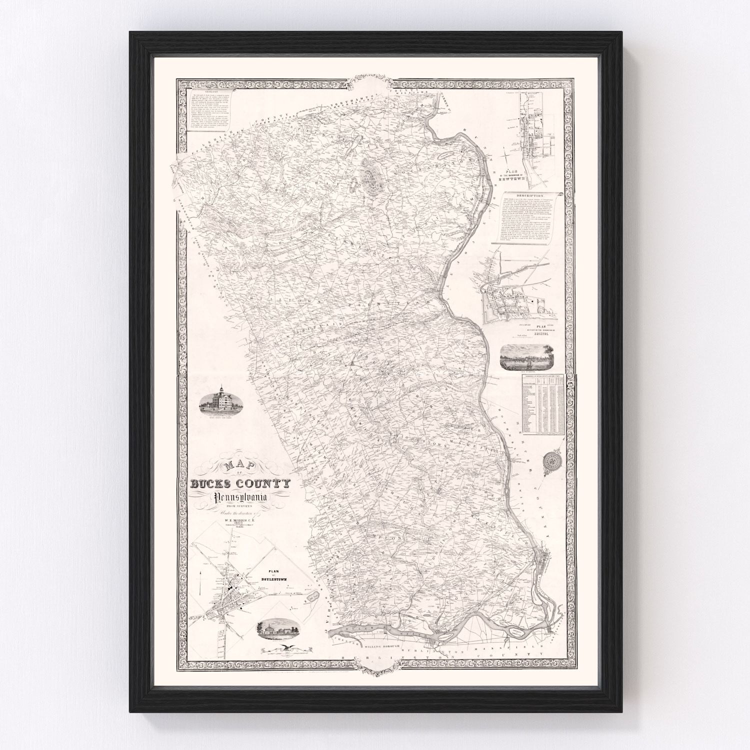 Vintage Map of Bucks County, Pennsylvania 1850