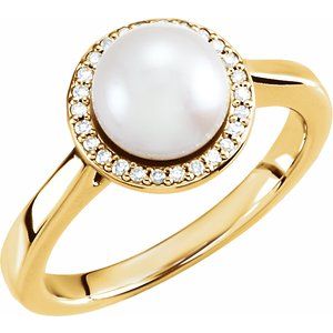 14K Yellow Gold Cultured White Freshwater Pearl & .06 CTW Natural Diamond Halo-Style Ring