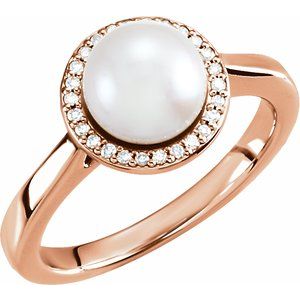 14K Rose Gold  Cultured White Freshwater Pearl & .06 CTW Natural Diamond Halo-Style Ring
