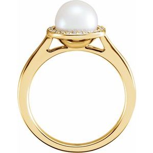 14K Yellow Gold Cultured White Freshwater Pearl & .06 CTW Natural Diamond Halo-Style Ring