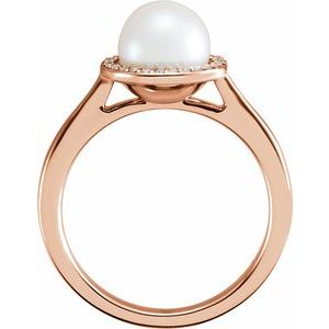14K Rose Gold  Cultured White Freshwater Pearl & .06 CTW Natural Diamond Halo-Style Ring