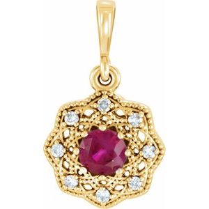 14K Yellow Gold Natural Ruby & .06 CTW Natural Diamond Halo-Style Pendant