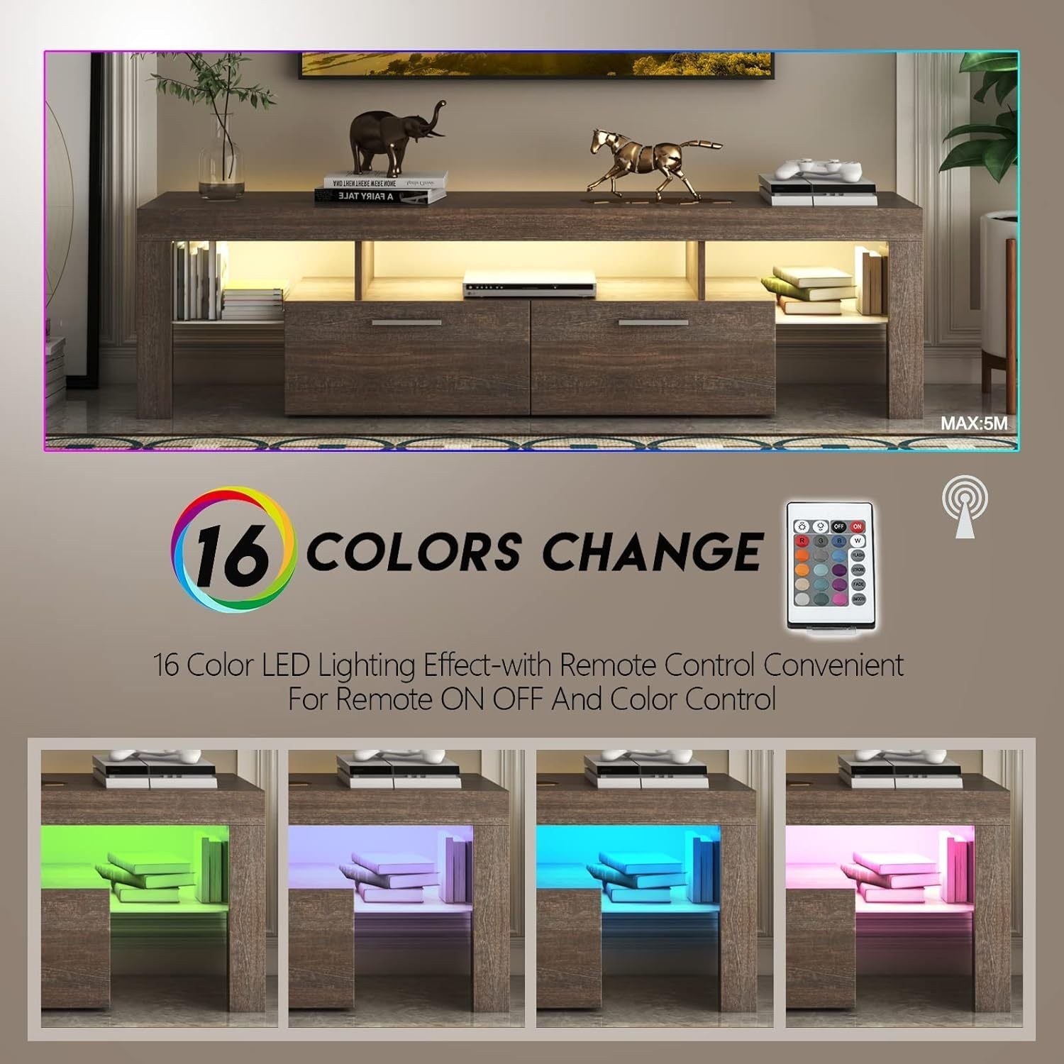 DFW Modern LED TV Stand with Large Storage Drawer for 40 50 55 60 65 70 75 Inch TVs, Brown Wood Farmhouse TV Console with Glossy Entertainment Center for Living Room, Bedroom