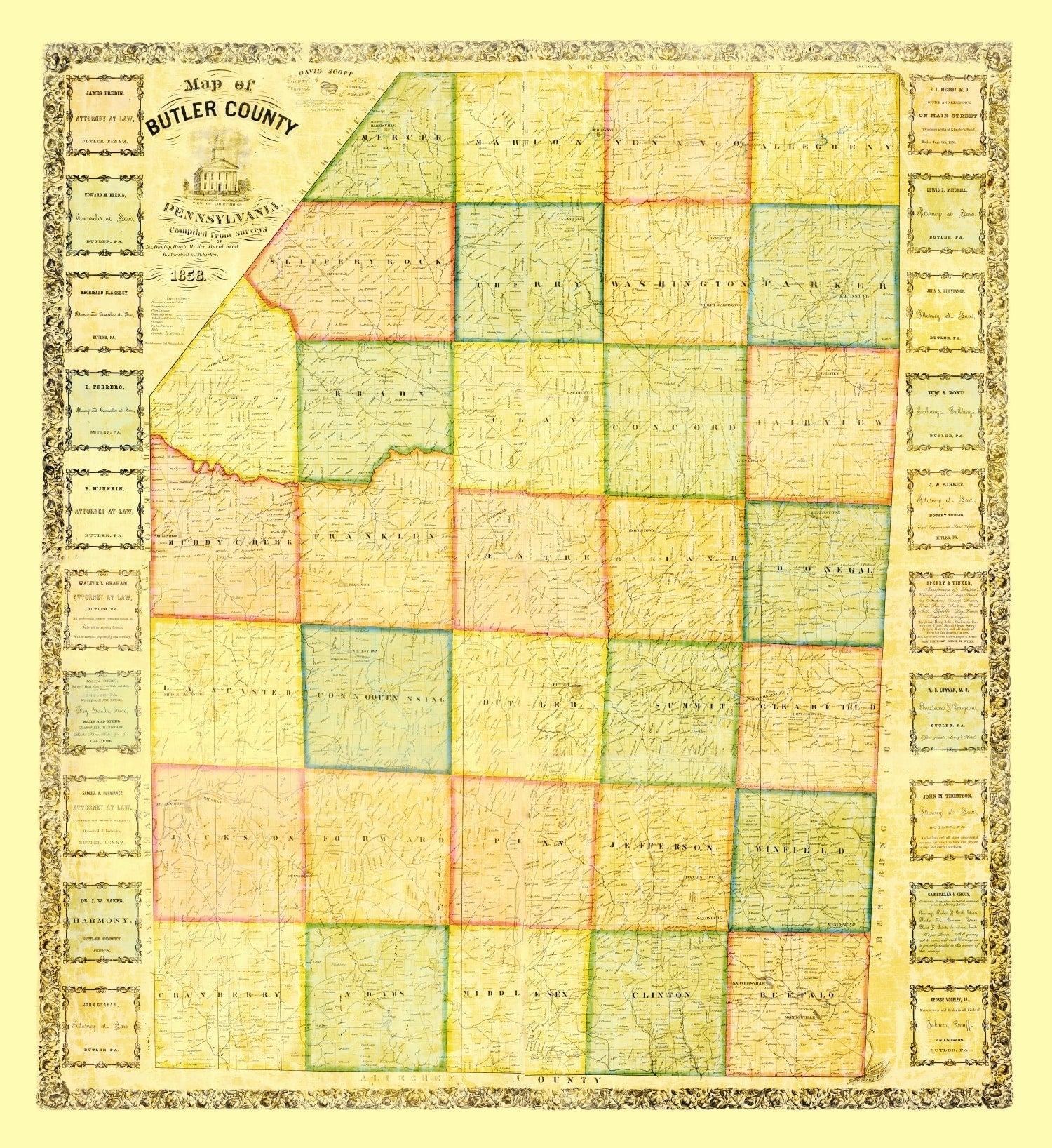 Vintage Map of Butler County, Pennsylvania 1858