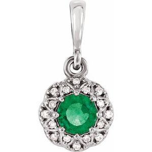 14K White Gold Natural Emerald & .04 CTW Natural Diamond Halo-Style Pendant