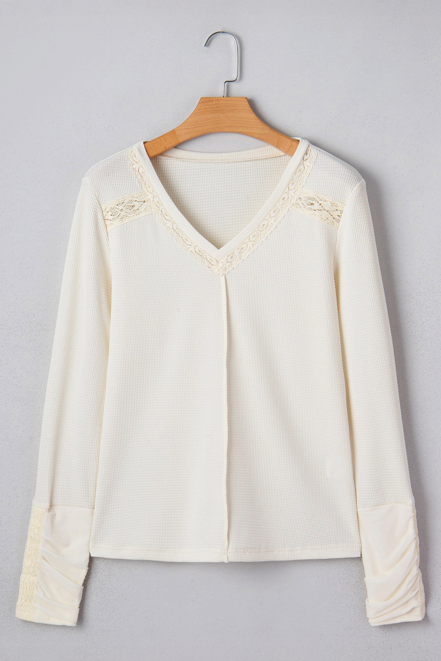 Thermal Knit Lace Ruched Patchwork V-Neck Top