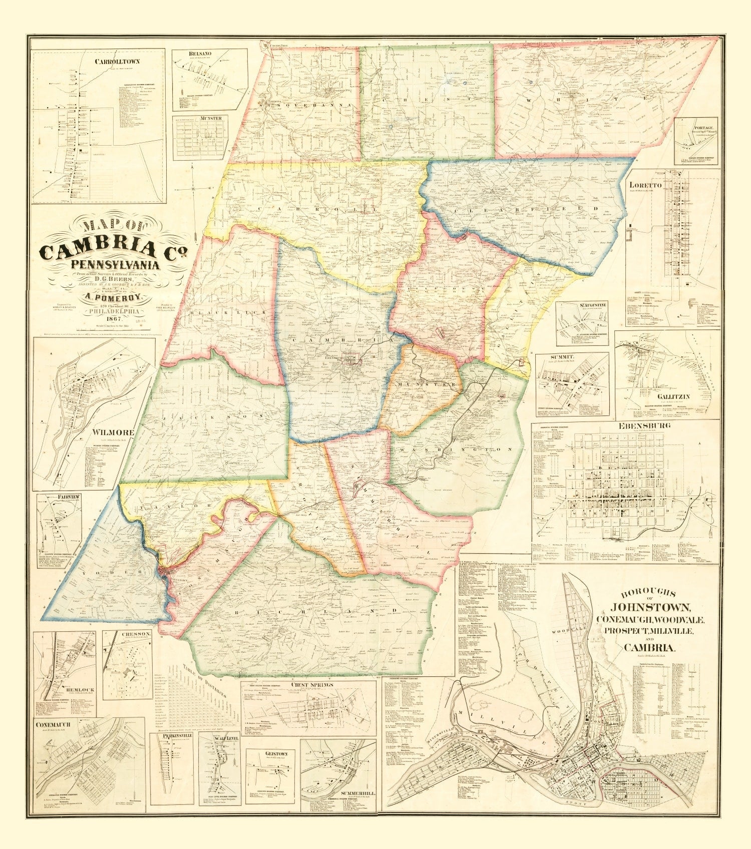 Vintage Map of Cambria County, Pennsylvania 1867
