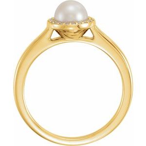 14K Yellow Gold Cultured White Freshwater Pearl & .05 CTW Natural Diamond Halo-Style Ring