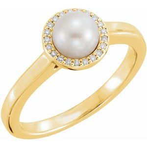14K Yellow Gold Cultured White Freshwater Pearl & .05 CTW Natural Diamond Halo-Style Ring