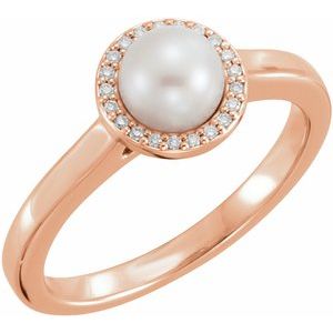 14K Rose Gold Cultured White Freshwater Pearl & .05 CTW Natural Diamond Halo-Style Ring