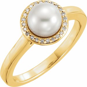 14K Yellow Gold Cultured White Freshwater Pearl & .07 CTW Natural Diamond Halo-Style Ring