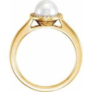 14K Yellow Gold Cultured White Freshwater Pearl & .07 CTW Natural Diamond Halo-Style Ring
