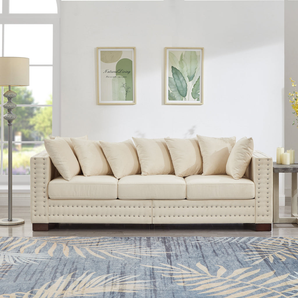 Modern Design Living Room Sofa Square armrest with Silver Nails Decoration Upholstered Velvet Couch Apricot
