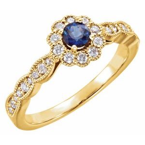 14K Yellow Gold Round Natural Blue Sapphire 1/4 CTW Natural Diamond Halo-Style Ring