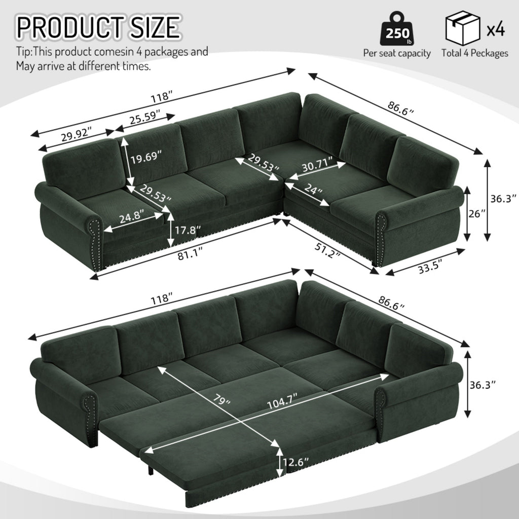 118 ' L-Shaped Sofa Couch with Pull-Out Bed, Oversize Convertible Sleeper Sofa with Nailhead Trim & Rolled Arm, Chenille Upholstered Sectional Couches, for Living Room, Apartment, Office, Green