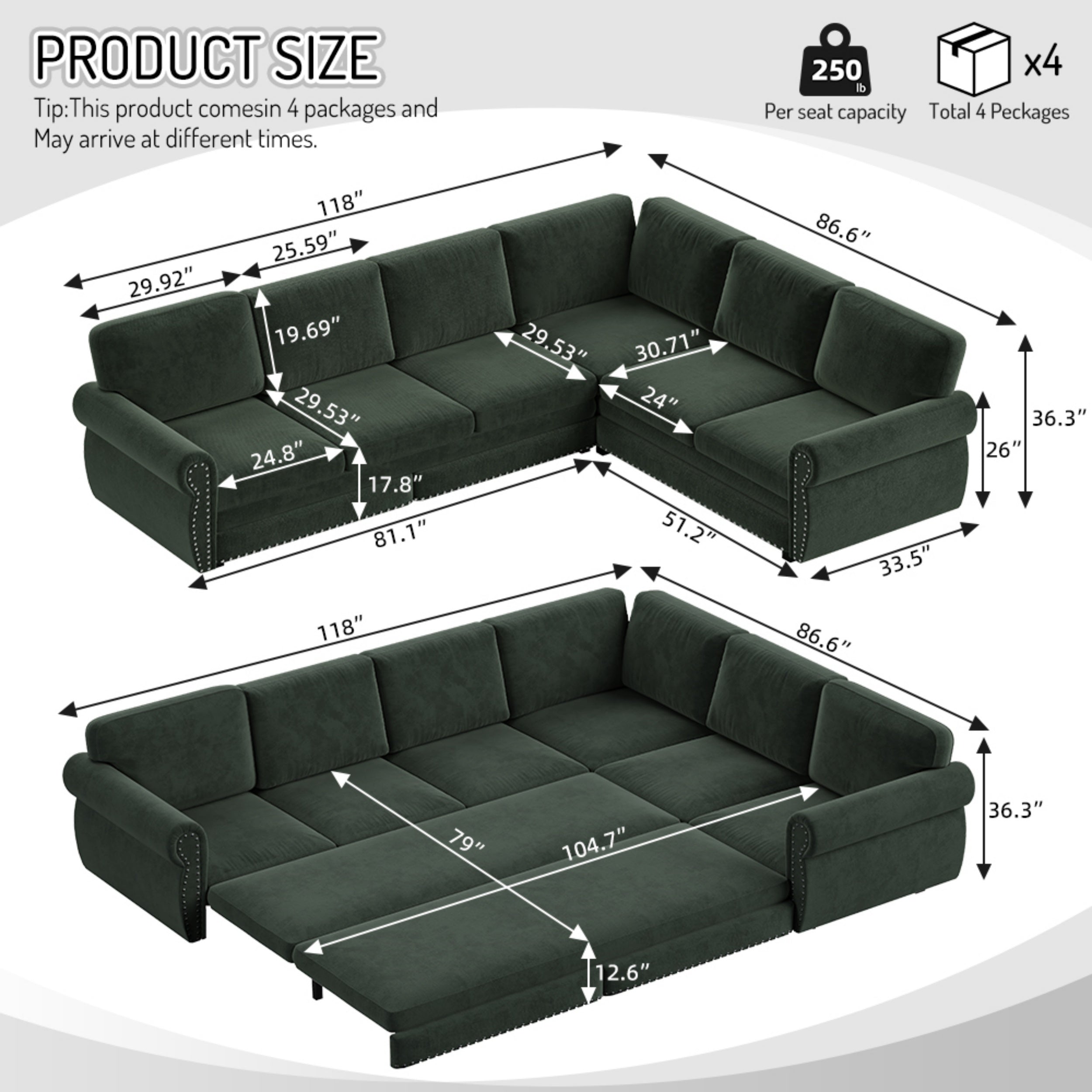 118 ' L-Shaped Sofa Couch with Pull-Out Bed, Oversize Convertible Sleeper Sofa with Nailhead Trim & Rolled Arm, Chenille Upholstered Sectional Couches, for Living Room, Apartment, Office, Green