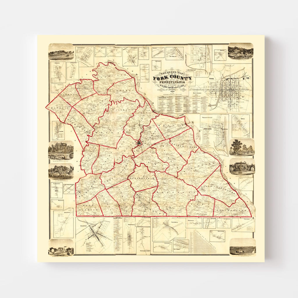 Vintage Map of York County, Pennsylvania 1860