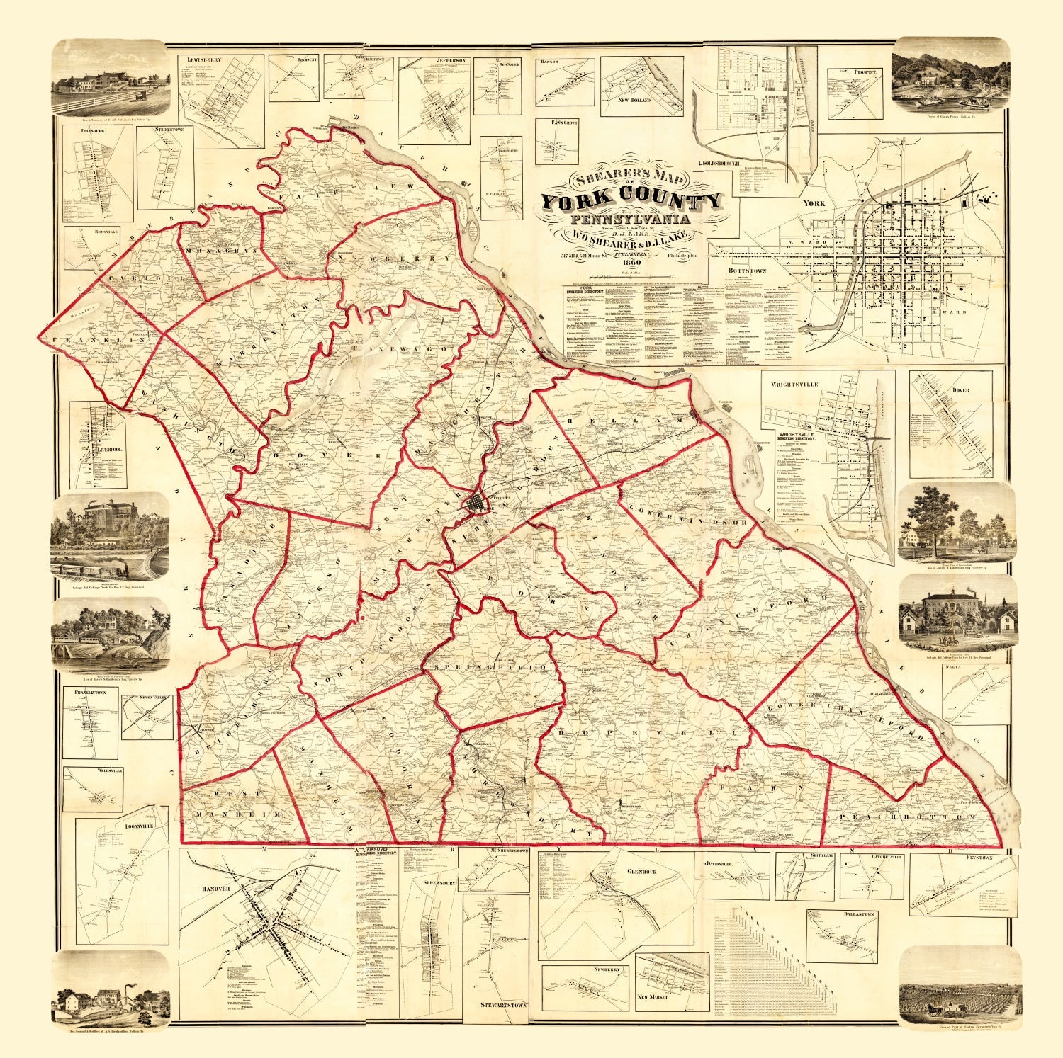 Vintage Map of York County, Pennsylvania 1860