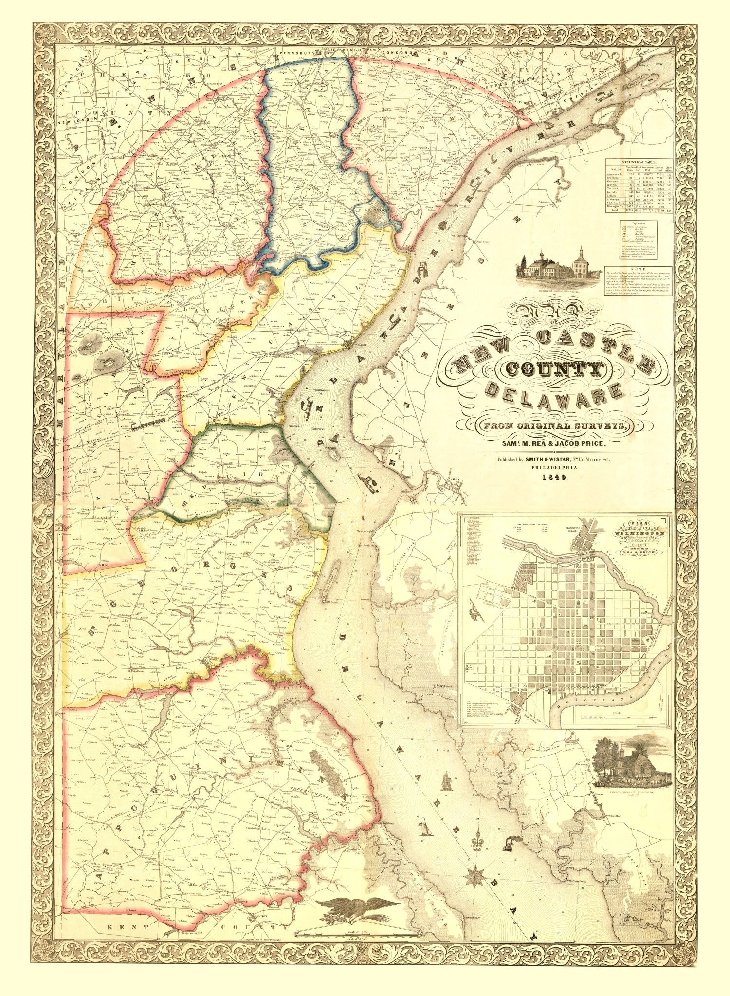 Vintage Map of New Castle County, Delaware 1849