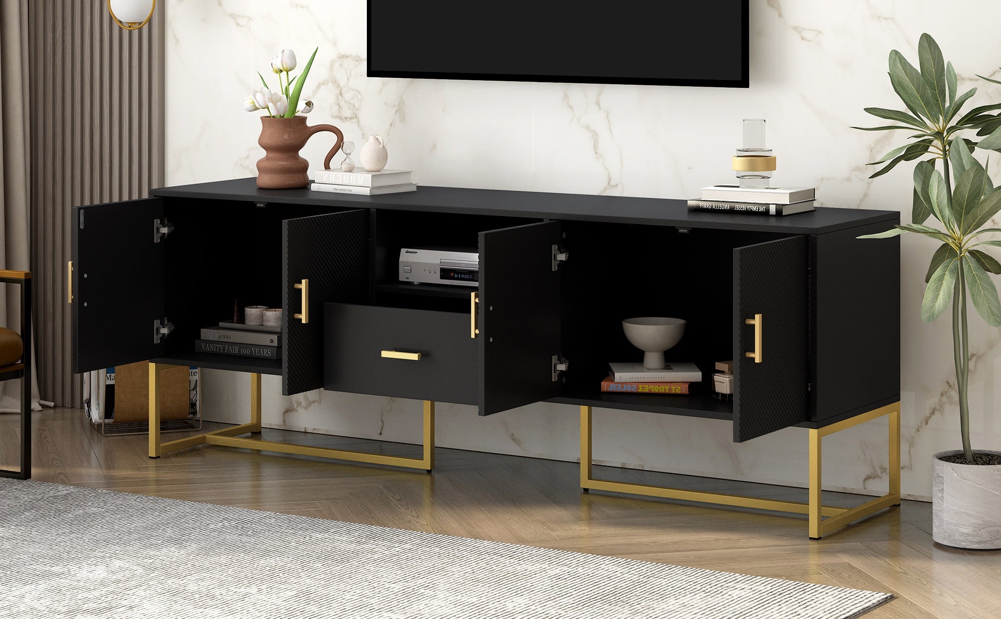 U-Can Modern TV Stand for TV up to 70 Inches,TV Cabinet with 1 Drawer, 2 Cabinets and Metal Legs, Handles and Anti-tip Device for Living room