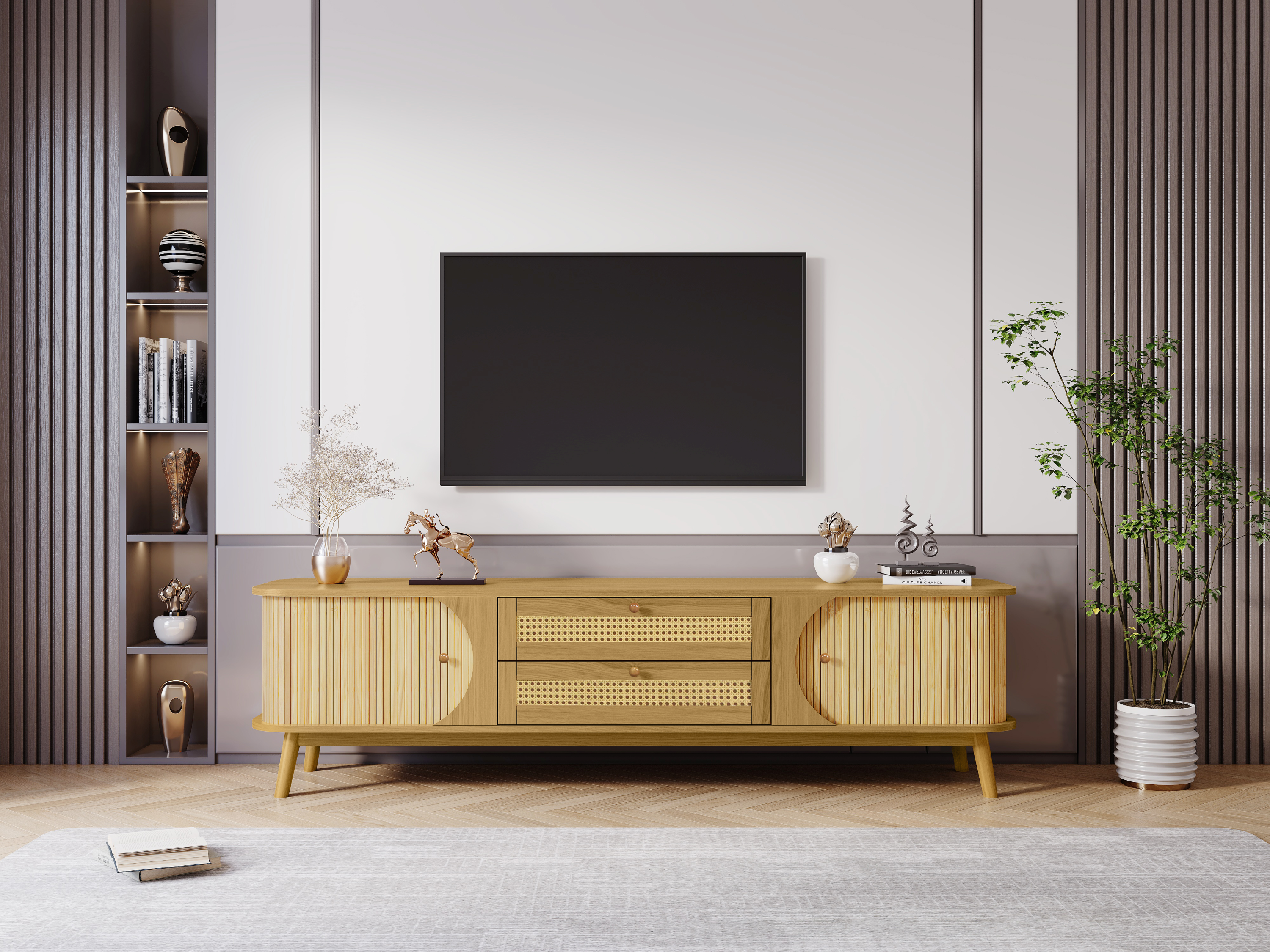 Rattan TV Stand for TVs up to 75'', Modern Farmhouse Media Console, Entertainment Center with Solid Wood Legs, TV Cabinet for Living Room,Home Theatre