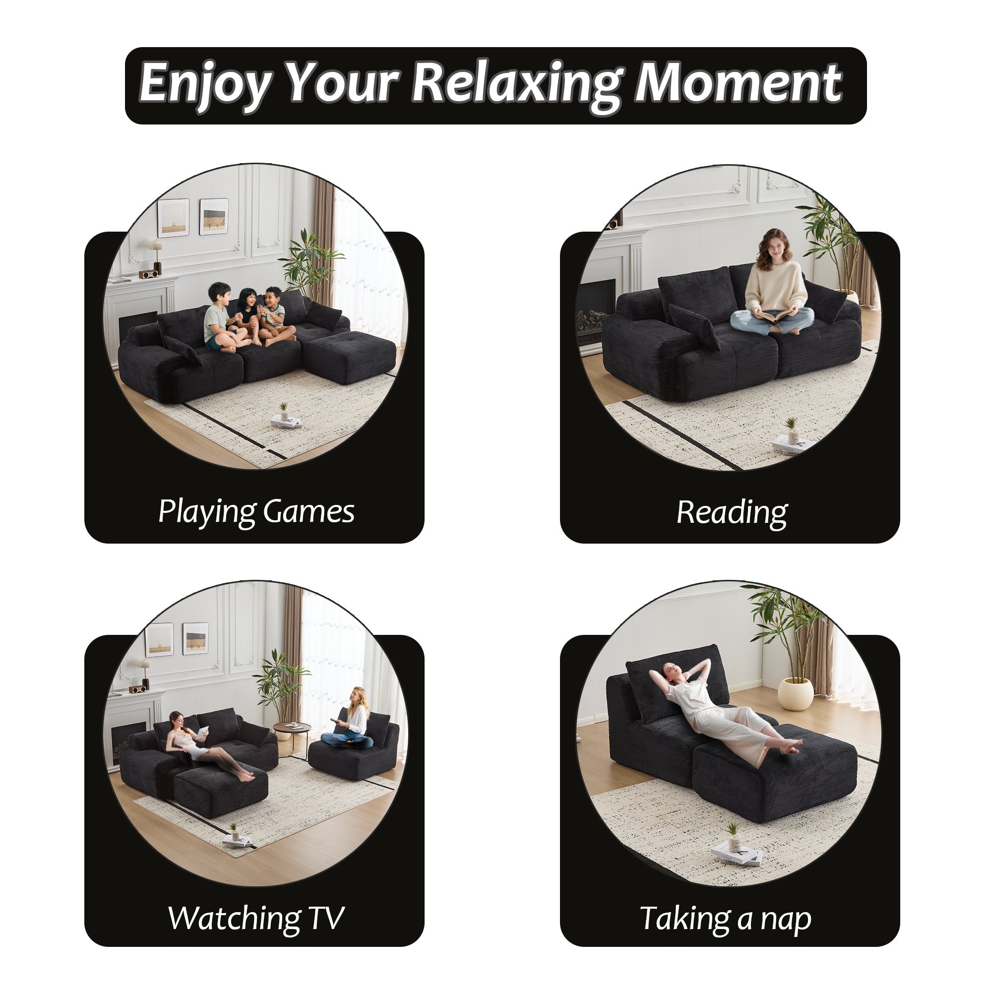Modern Memory Foam Compressed Sofa,Large Sectional Couches for Living Room,Pet-Friendly Cloud Modular Sectional Sofa,Corduroy Fabric,Extra Deep Loveseat,No assembly required, Black