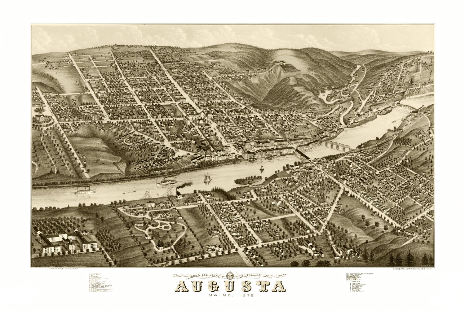 Vintage Map of Augusta, Maine 1878