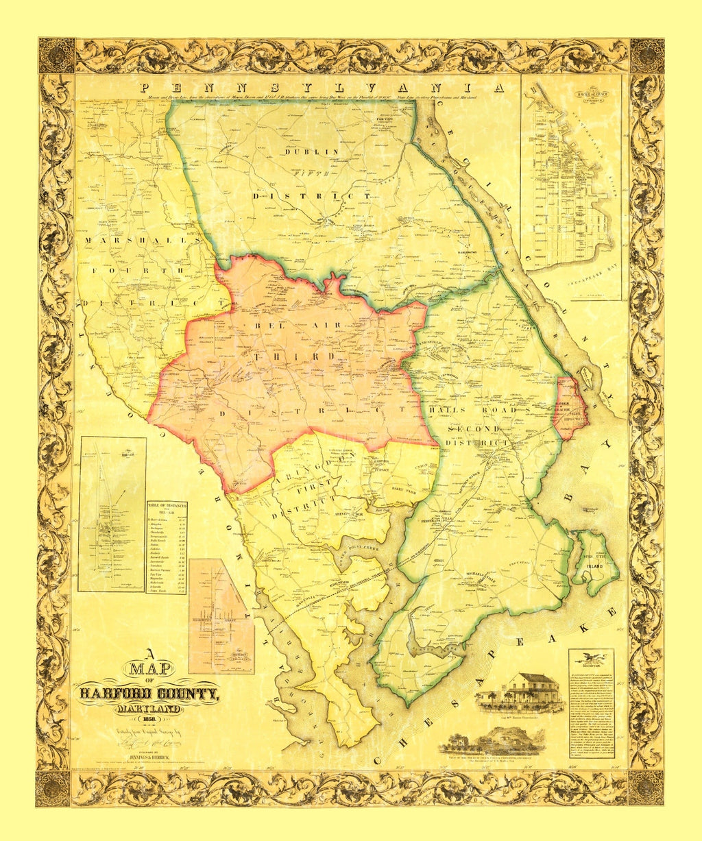 Vintage Map of Harford County, Maryland 1861