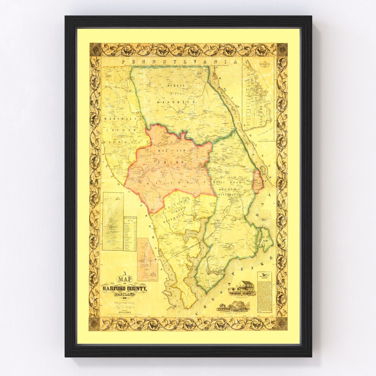 Vintage Map of Harford County, Maryland 1861