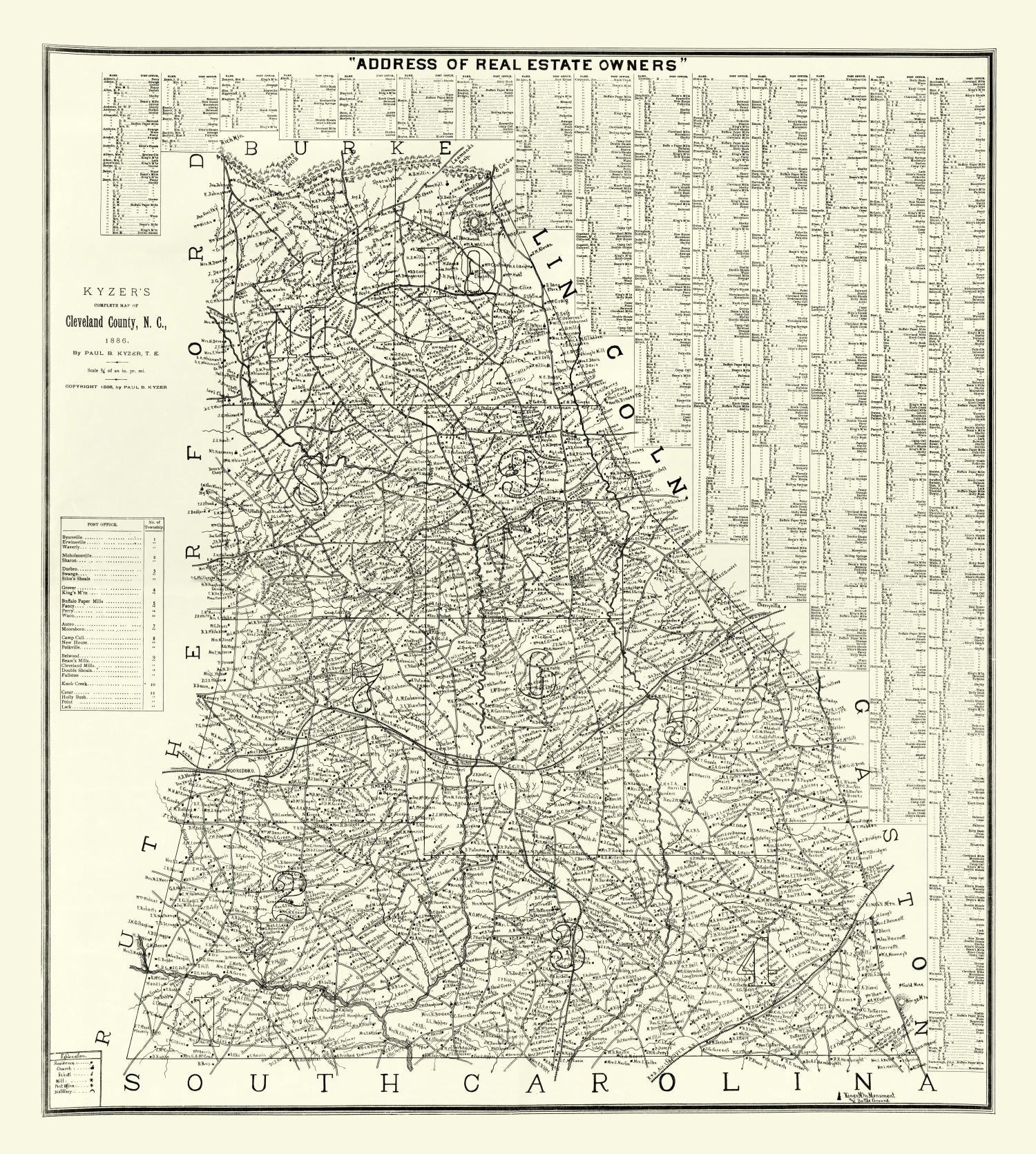 Vintage Map of Cleveland County, North Carolina 1886
